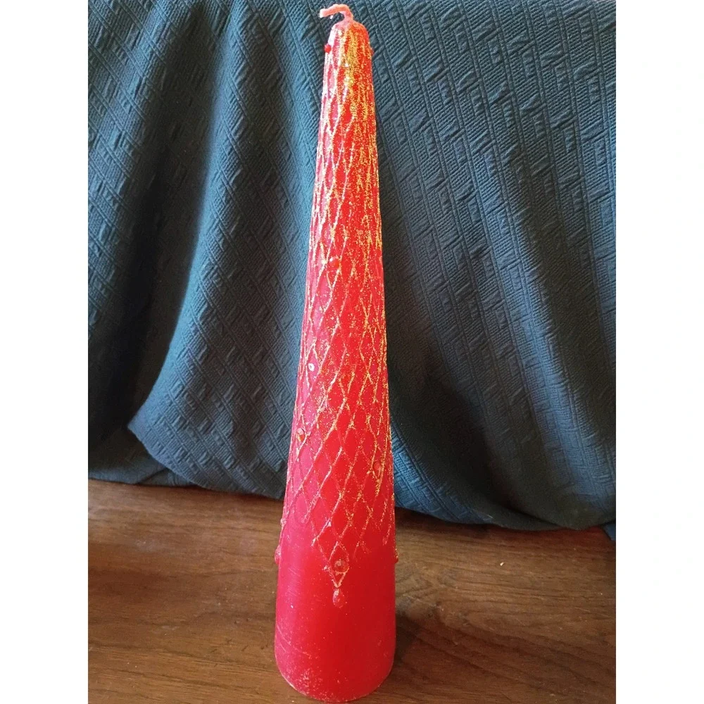 Vintage Red Tapered Cone Pillar Candle Gold Glitter Diamond Lattice 12 Inch